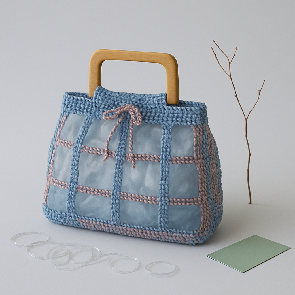 An experimental crochet bag with translucent panels, watery blue and dusty pink yarn, on a cool white studio background